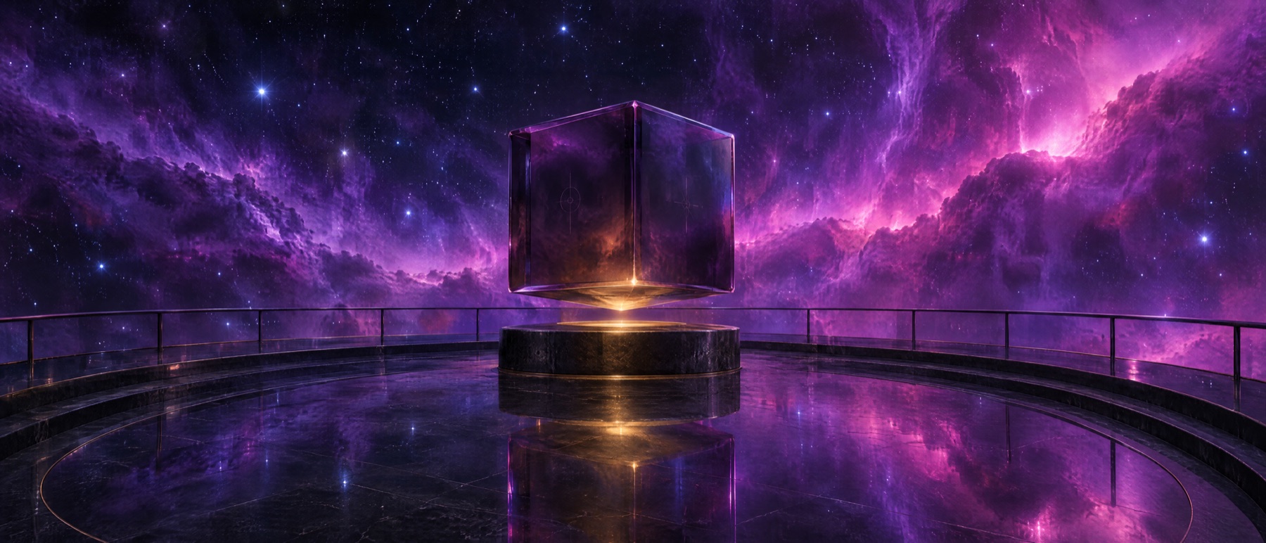 A smoked-glass cube lit gold from below on a dark pedestal, on a terrace under a violet nebula